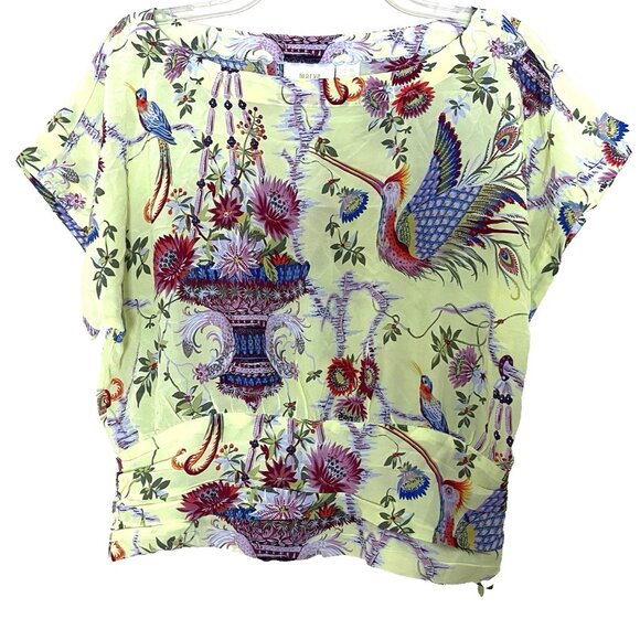 Anthropologie Maeve Garden Silk Top Shirt Blouse US 6 Floral Birds Short Sleeves - Picture 2 of 10